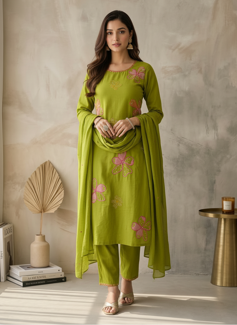 Mehendi Green Hand Embroidered Floral Motif Kurta Set with Stone Work & Mul Cotton Dupatta