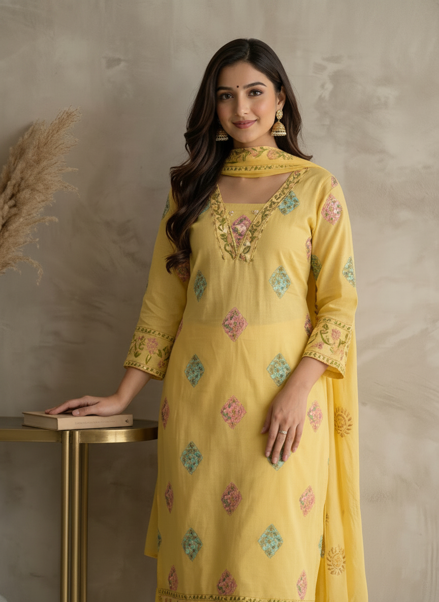 Yellow Handworked Kurta Pant Set with Embellishment Detailing