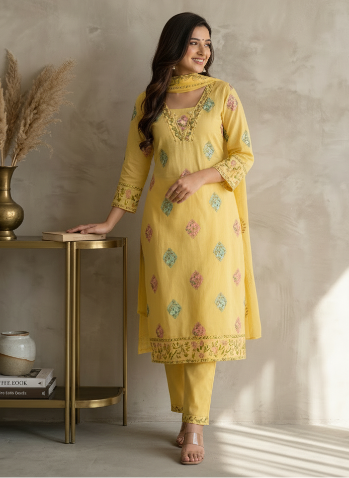 Yellow Handworked Kurta Pant Set with Embellishment Detailing
