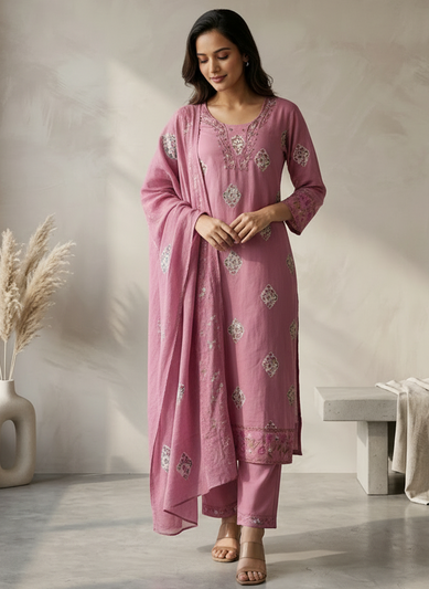 Pink Handworked Kurta Pant Set with Embellishment Detailing