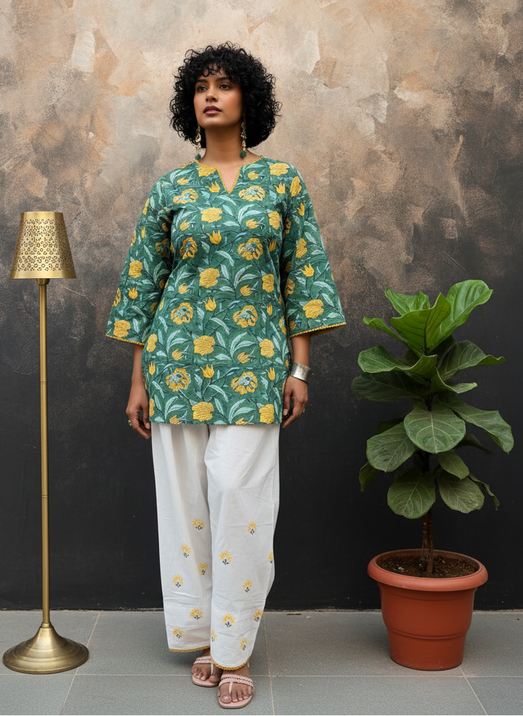 Dark Green Handblock Printed Pure Cotton Farshi Suit Set