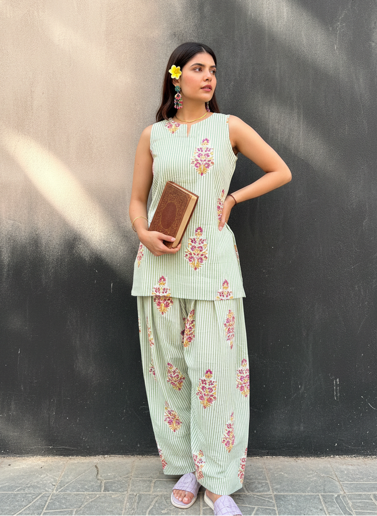 Green Striped Sleeveless Pure Cotton Handblock Print Farshi Suit Set