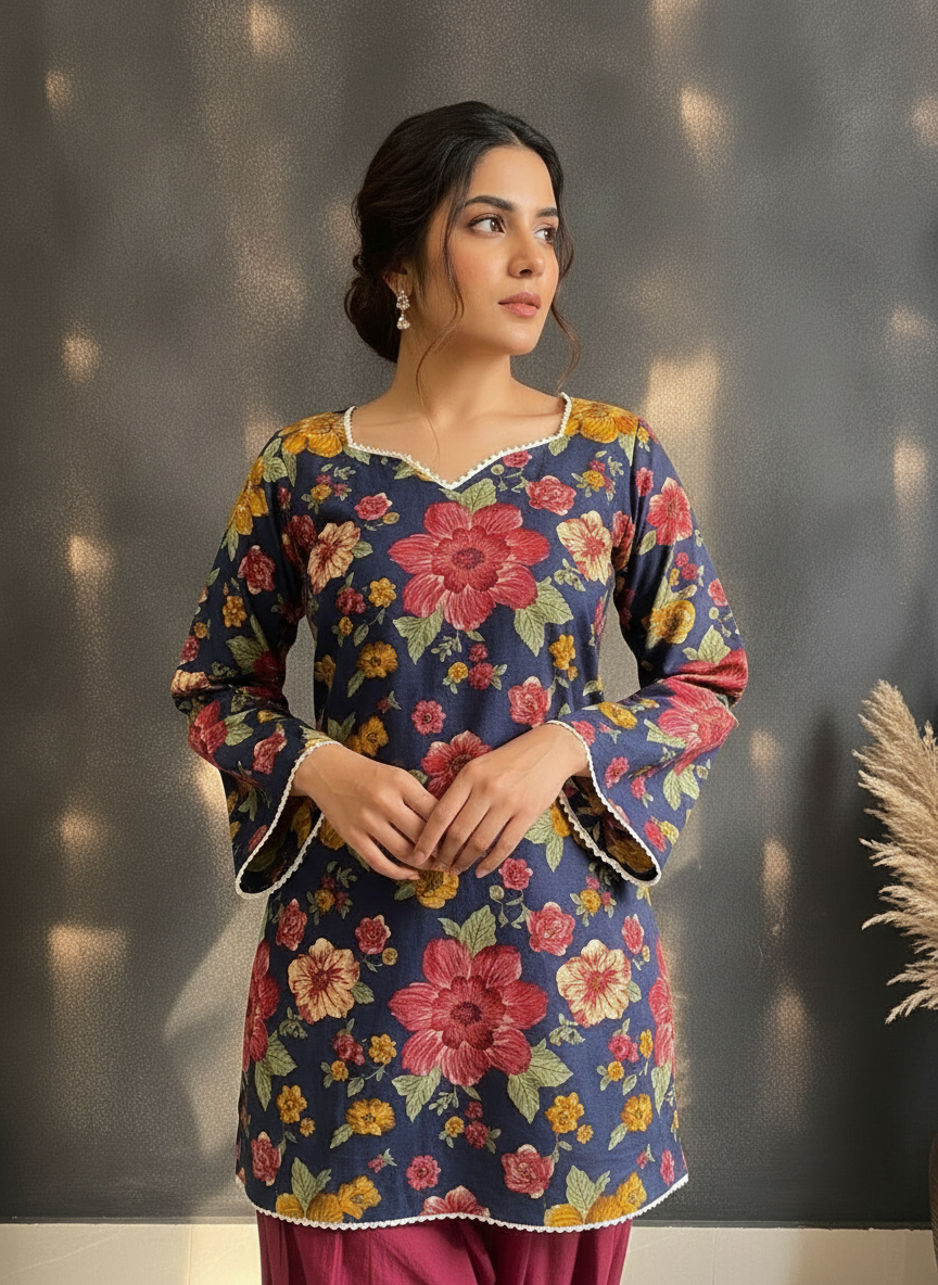 Dark Blue Floral Handblock Cotton Top & Maroon Farshi Salwar Set