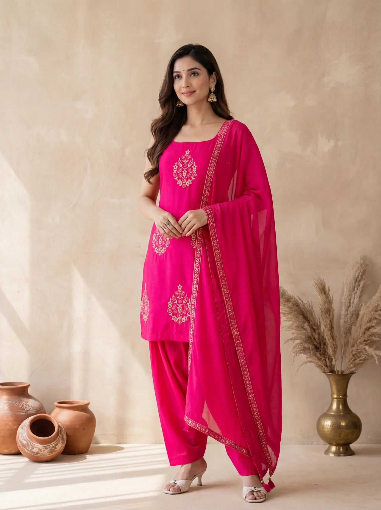 Pink Sleeveless Patiala Style Midi Kurti Set