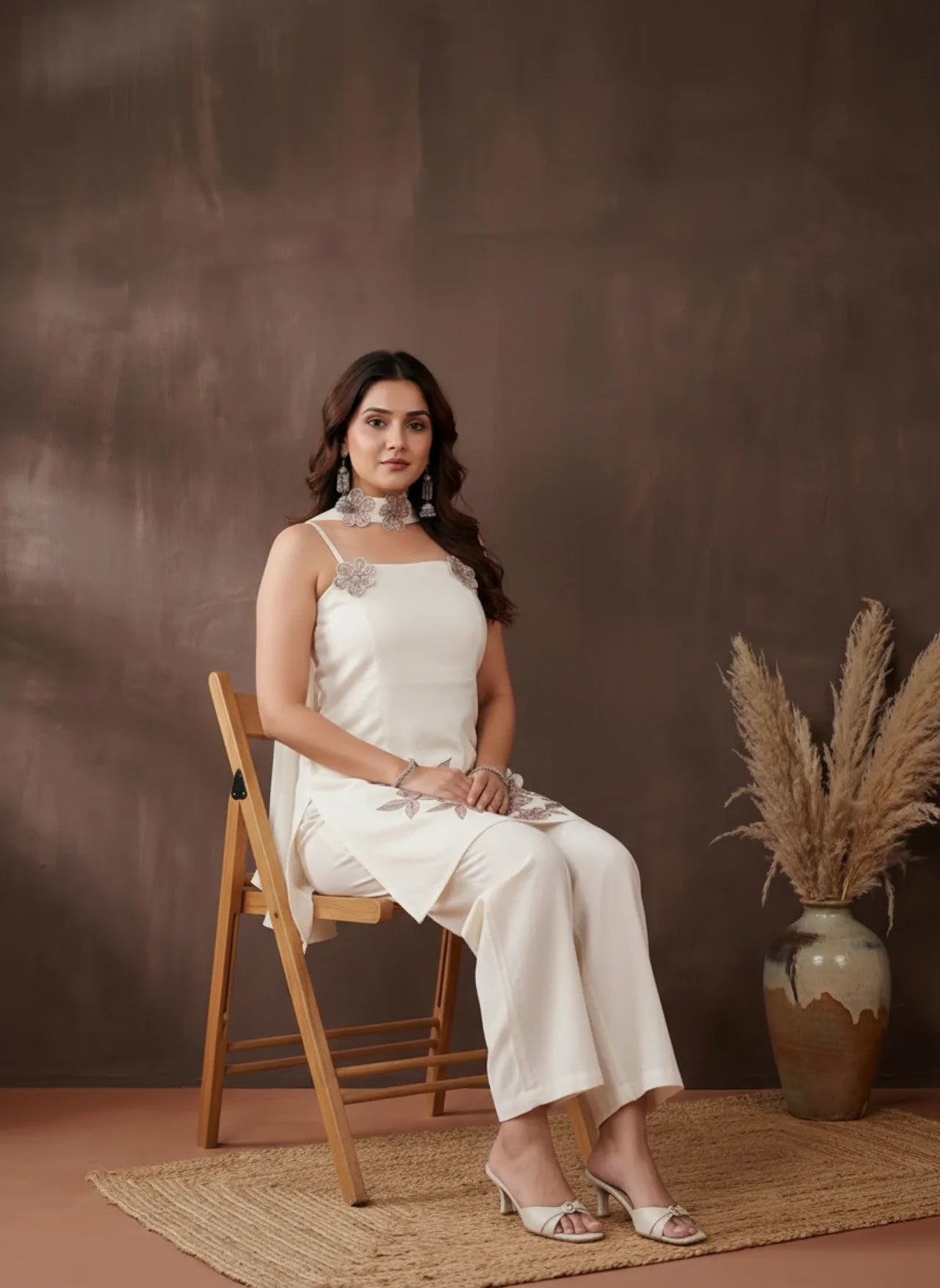 Cream Sleeveless Adjustable Back Short Kurti Set