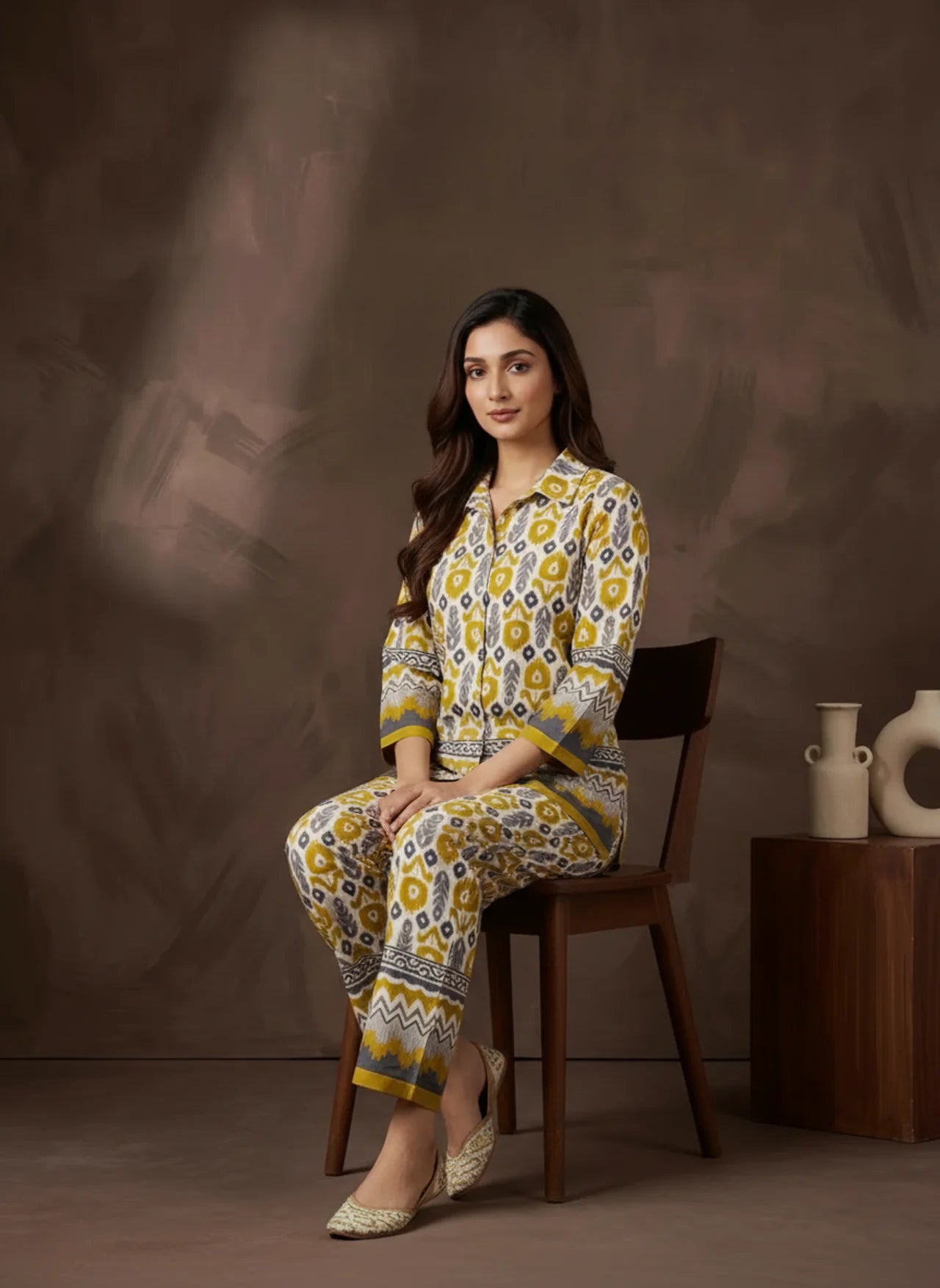 Cream Base Printed Shirt Style Co-Ord Set