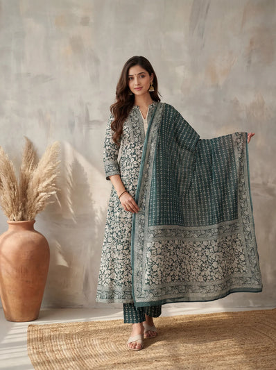 Green and White Cotton Anarkali Suit Set with Floral Print