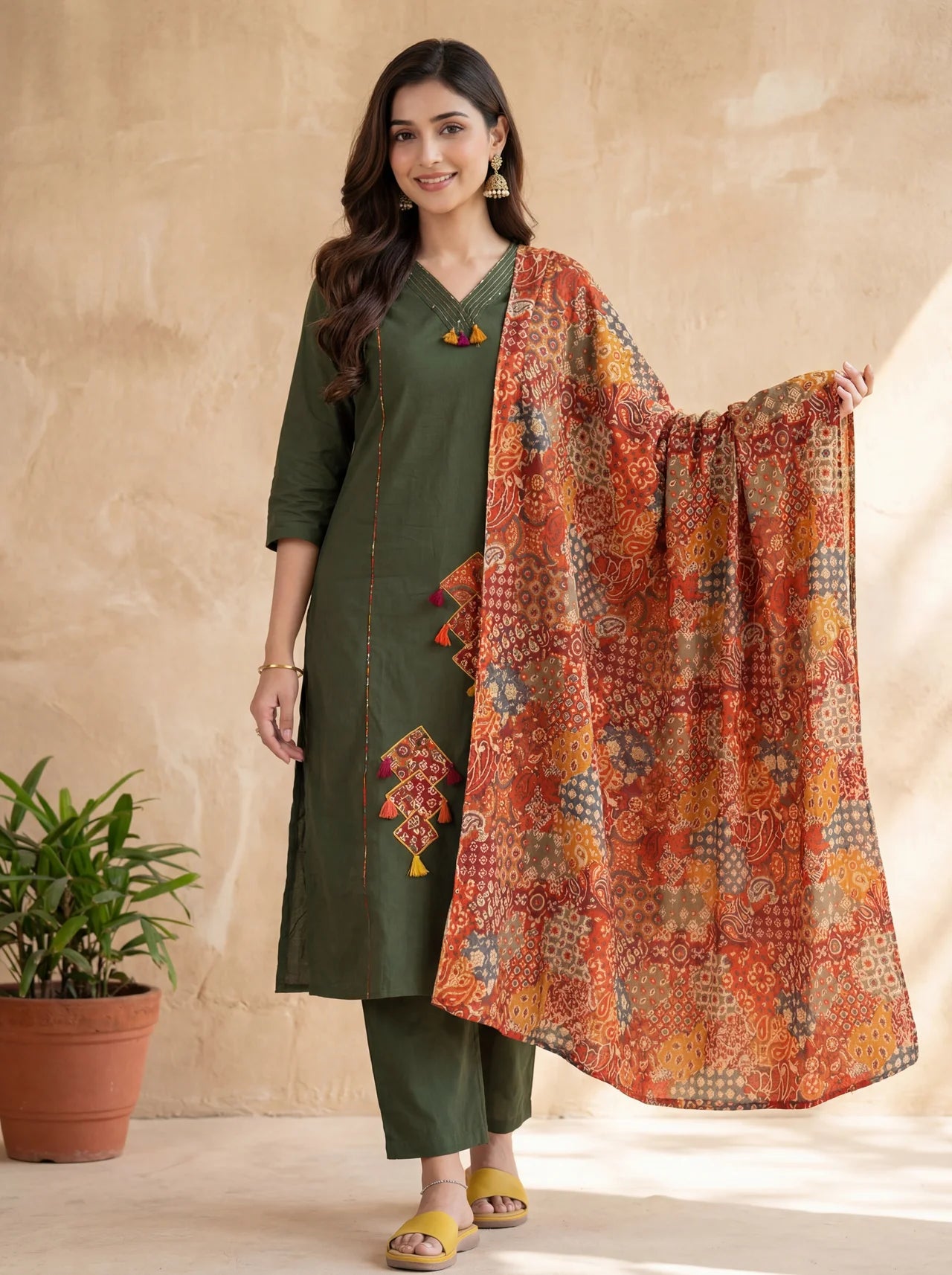 Green Cotton Kurta Palazzo Suit Set with Patchwork Designs and Paisley Print