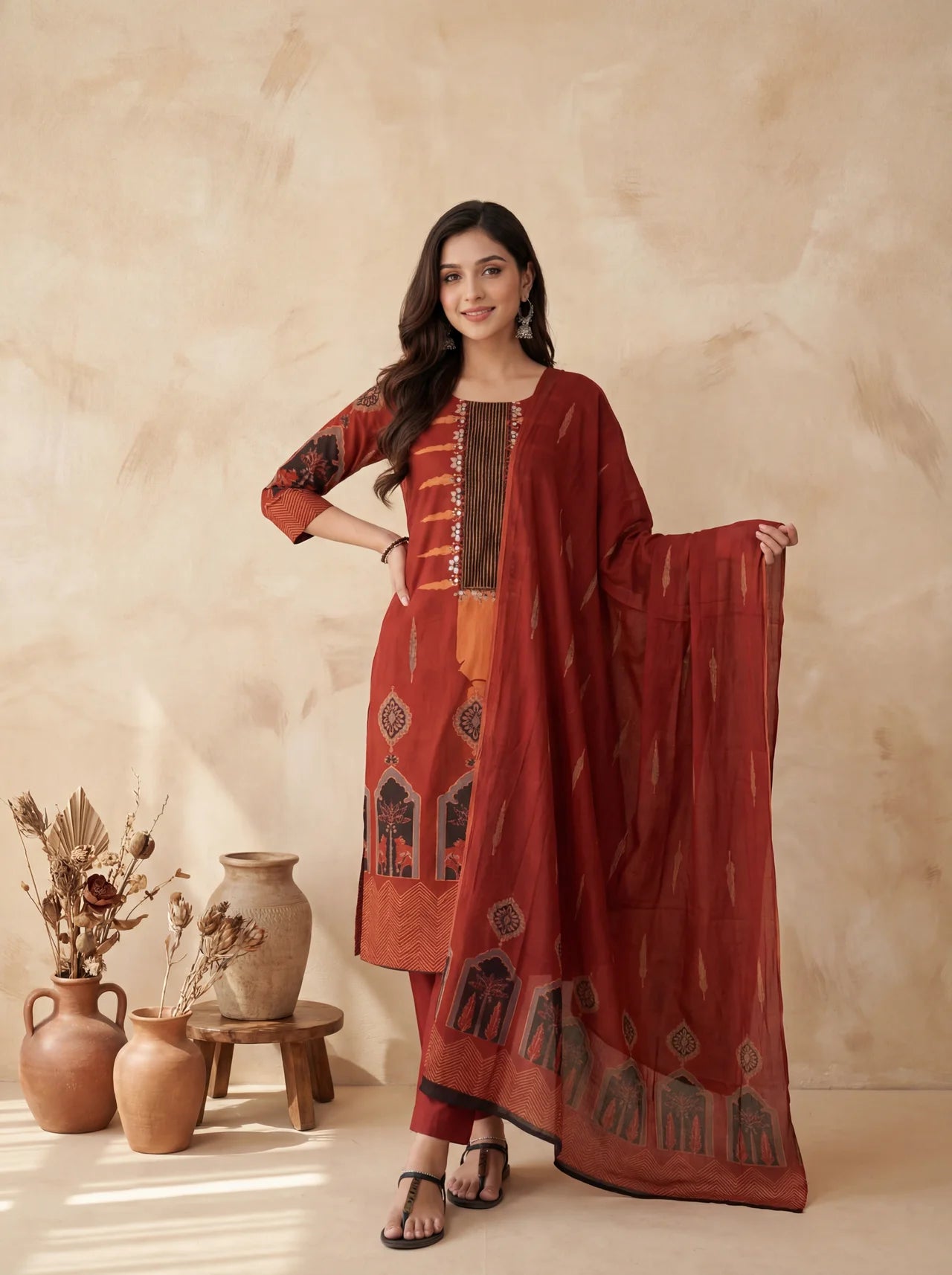 Maroon Cotton Kurta Palazzo Suit Set with Leaf and Floral Pattern