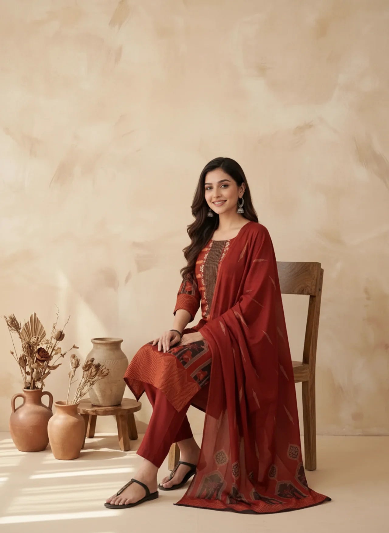 Maroon Cotton Kurta Palazzo Suit Set with Leaf and Floral Pattern