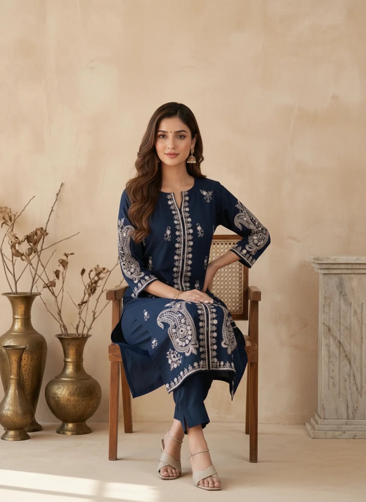 Navy Blue Cotton Flex Hand-Embroidered Floral Kurta Palazzo Set
