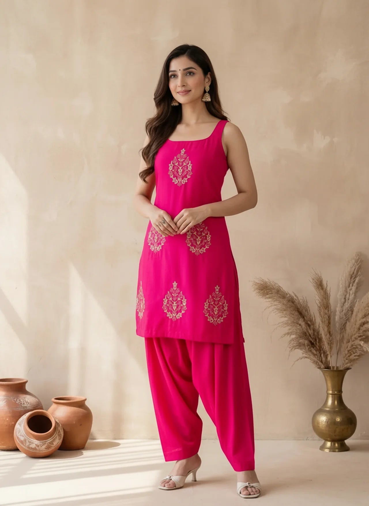 Pink Sleeveless Patiala Style Midi Kurti Set