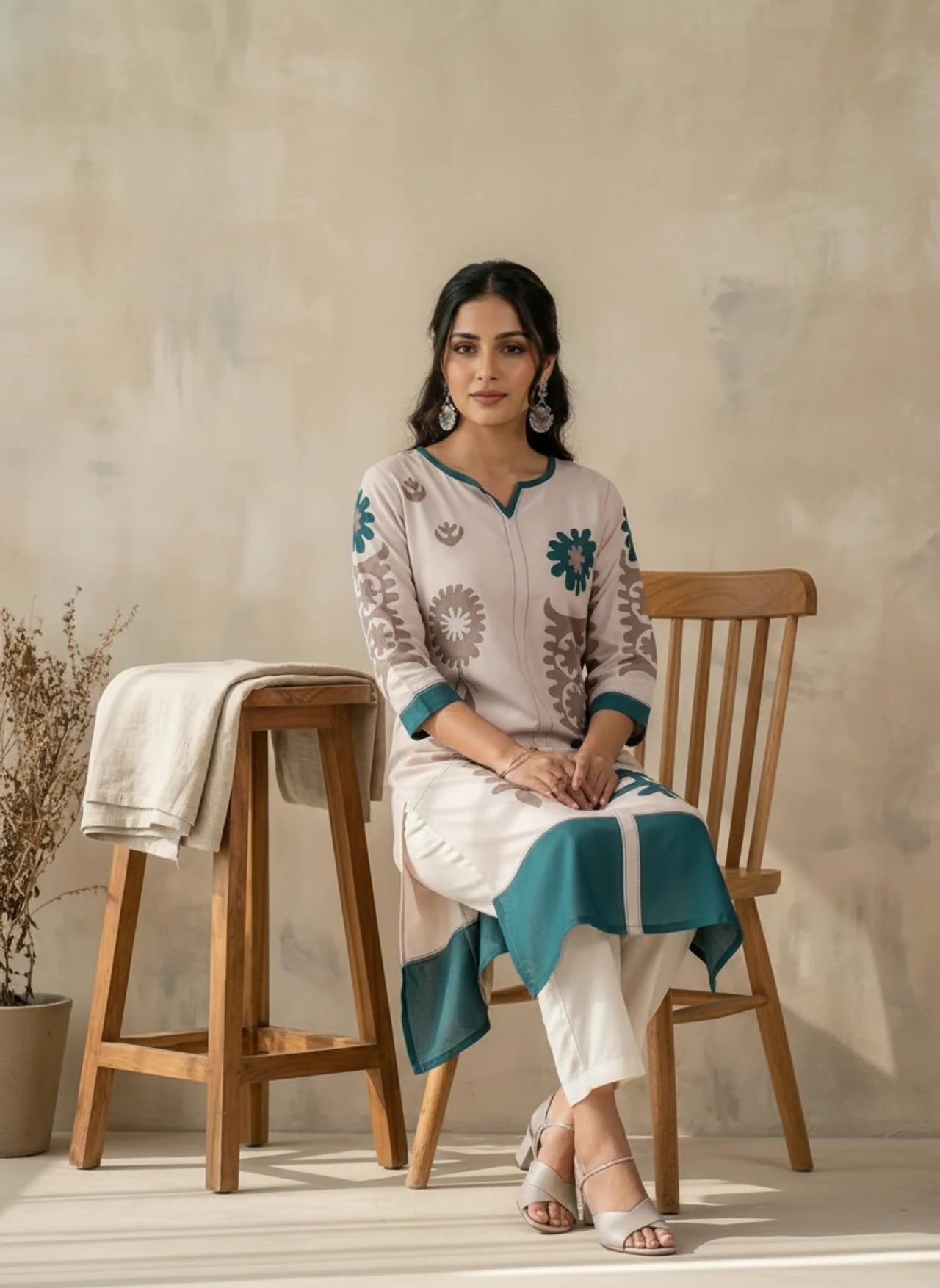 Off White Linen Straight Kurta Pant Set