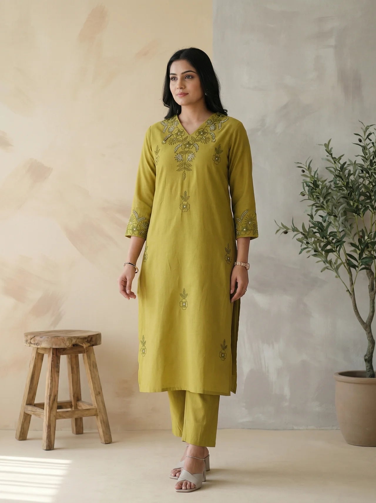Green Soft Cotton Kurta Pant Set
