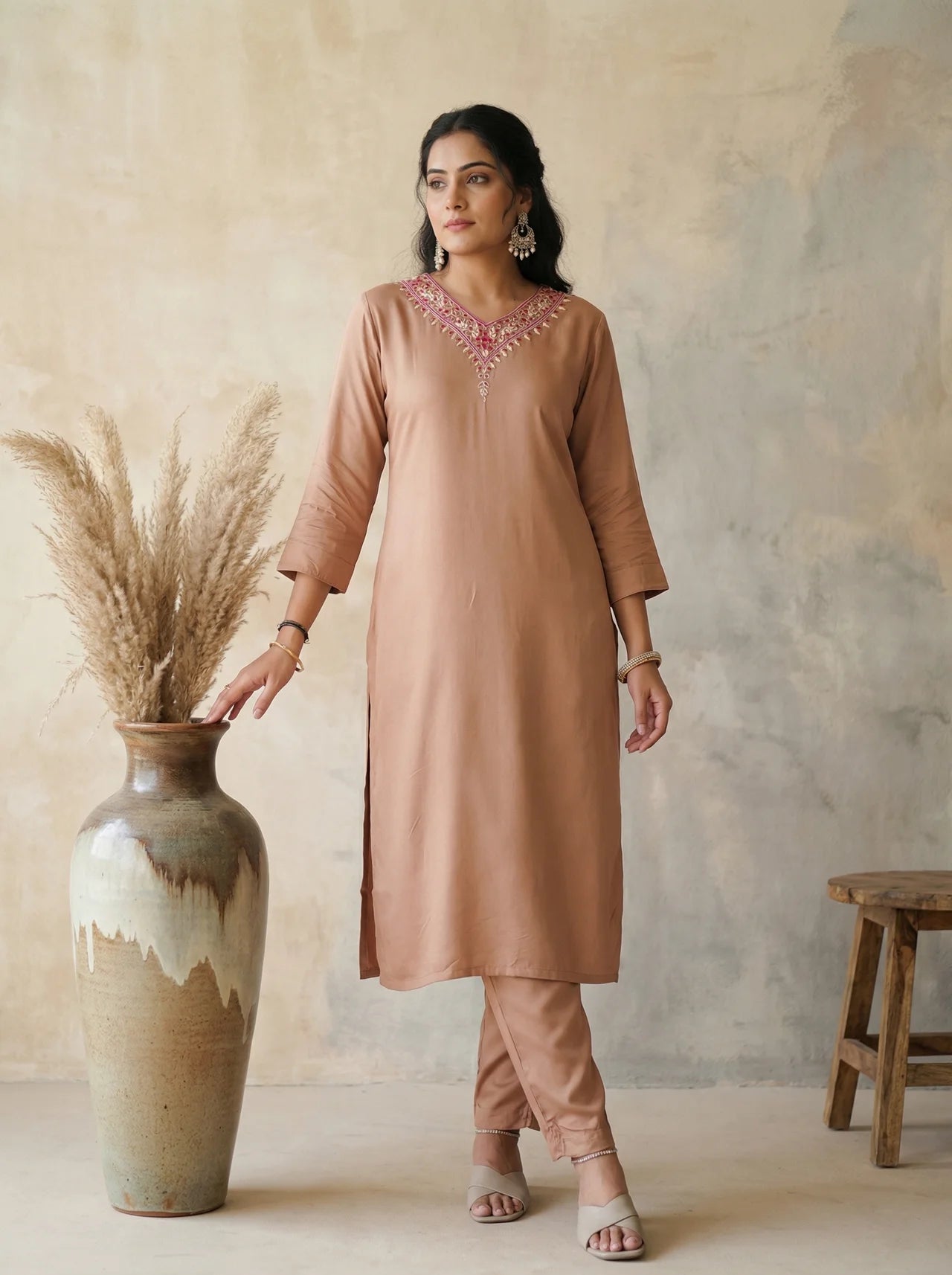 Peach Moroccan Silk Straight Kurta Pant Set
