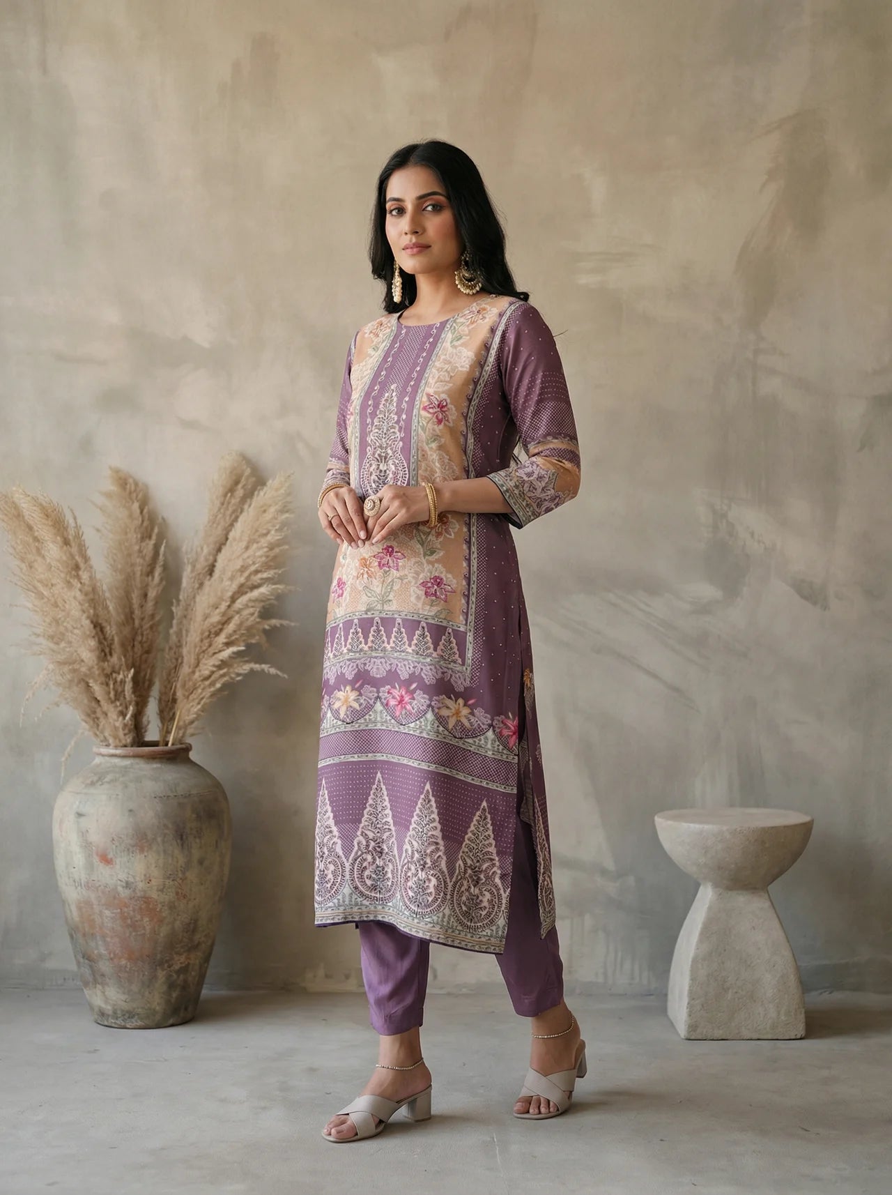Purple and Mustard Moroccan Silk Straight Kurta Pant Set