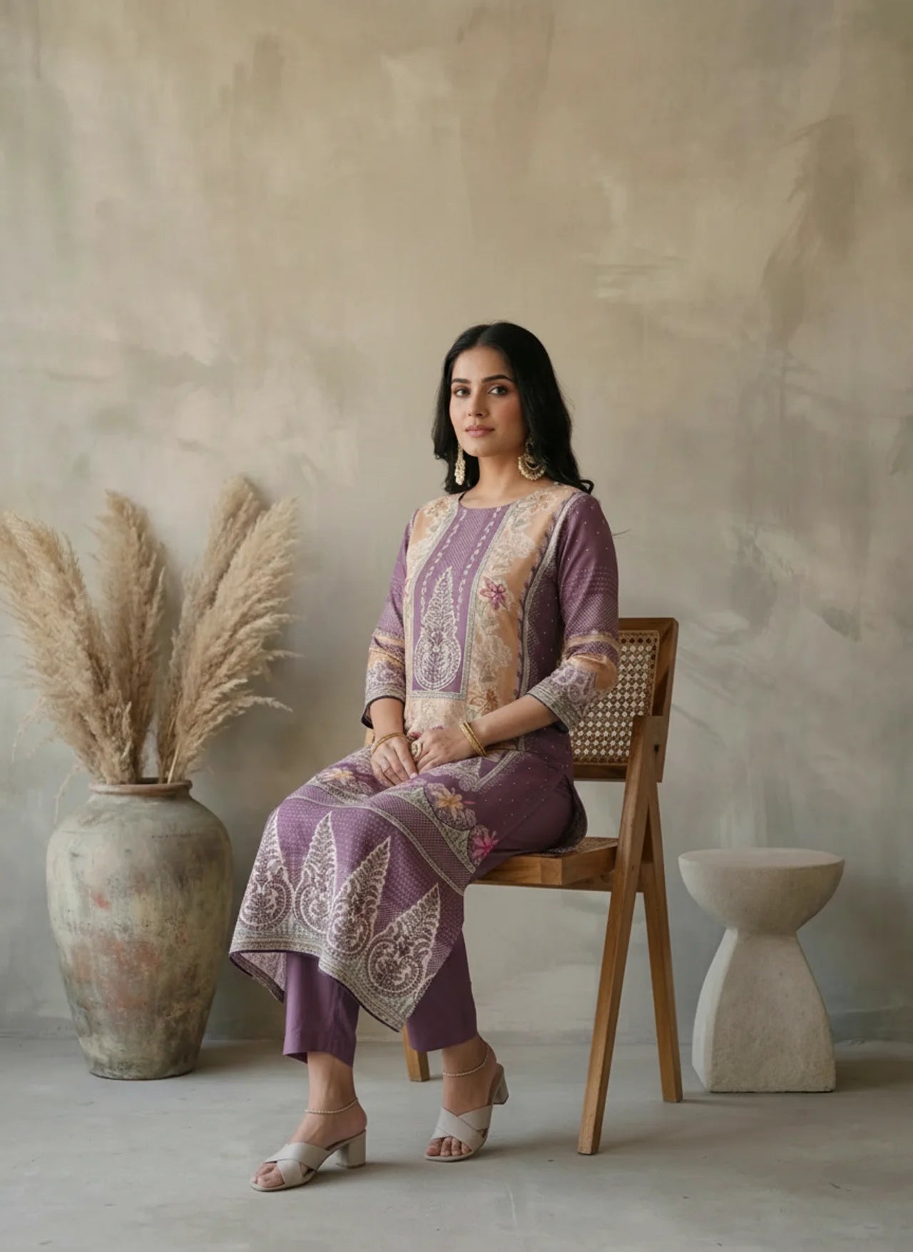 Purple and Mustard Moroccan Silk Straight Kurta Pant Set