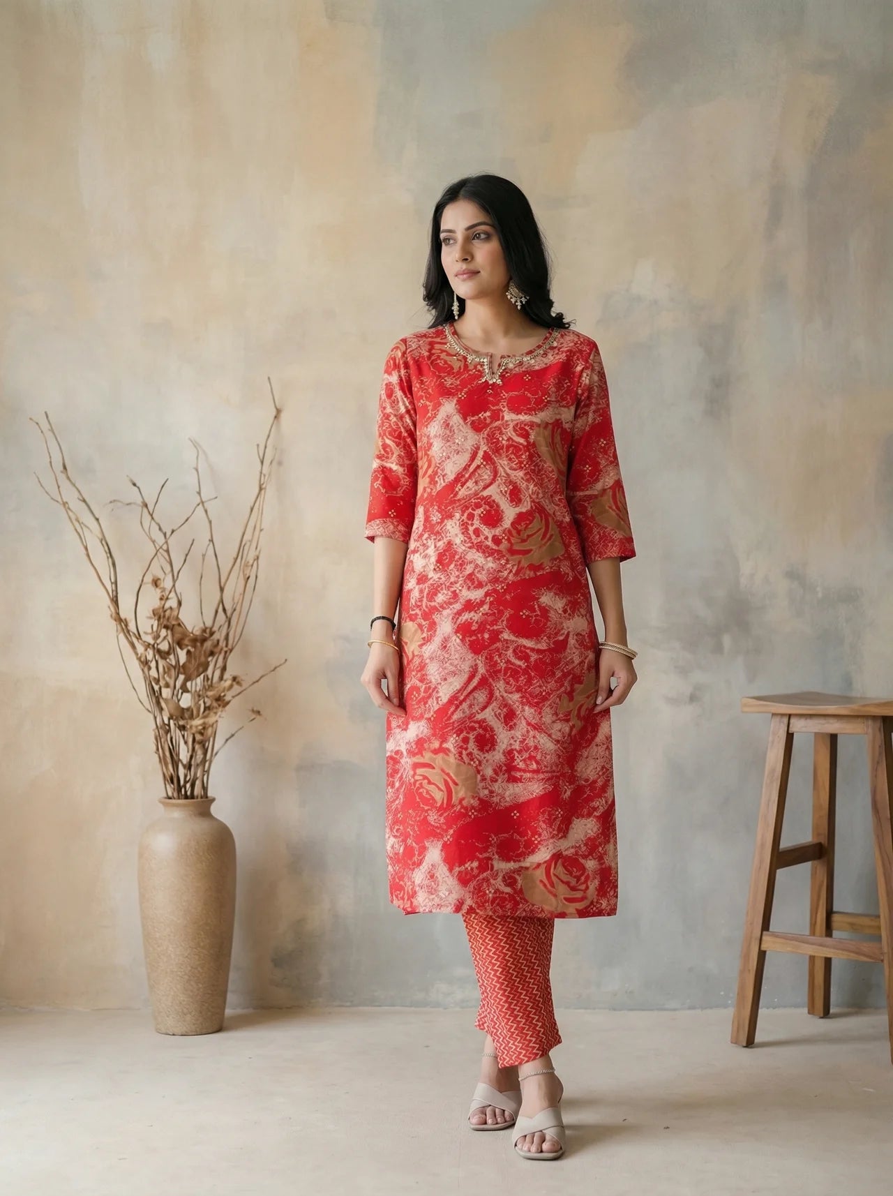 Red Modal Kurta Pant Set