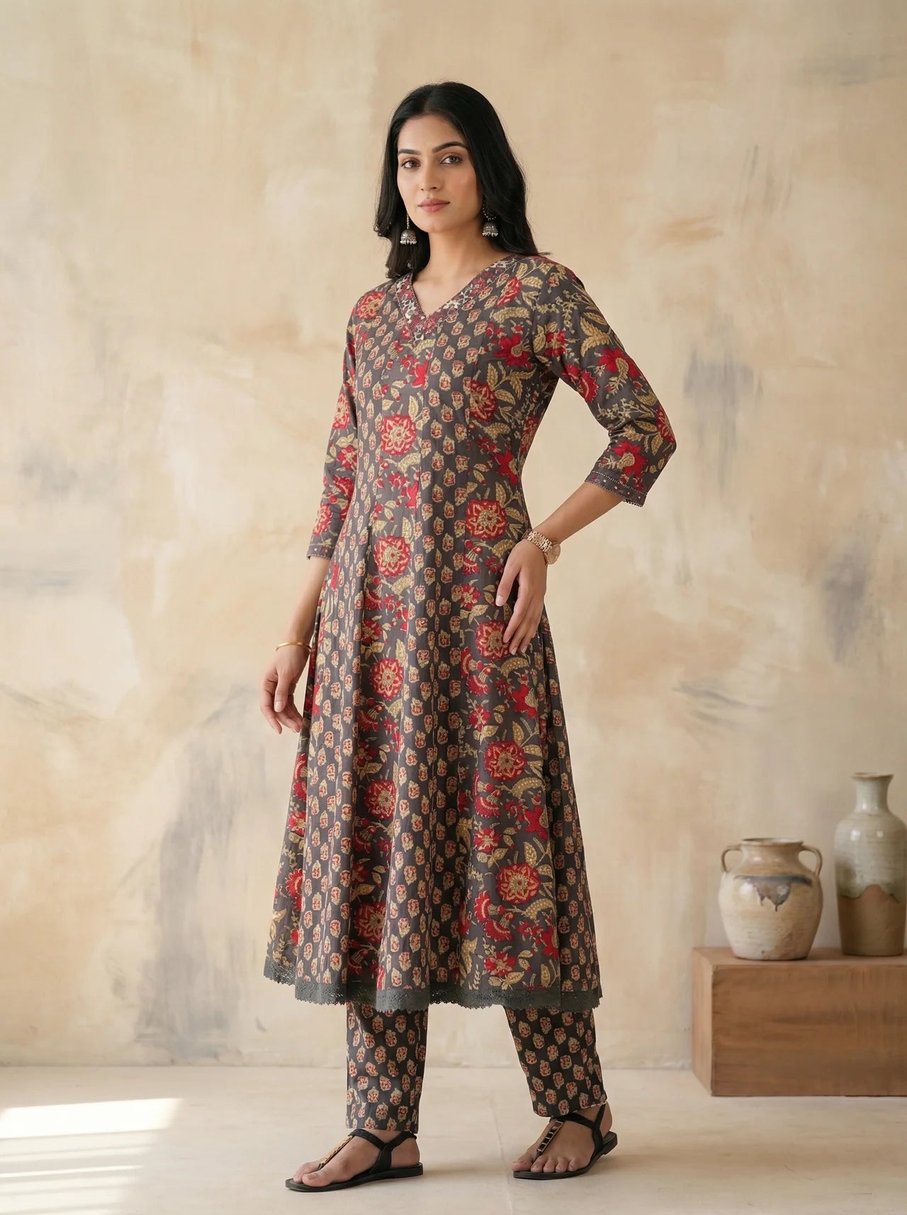 Grey & Red Cotton Anarkali Kurta Pant Set