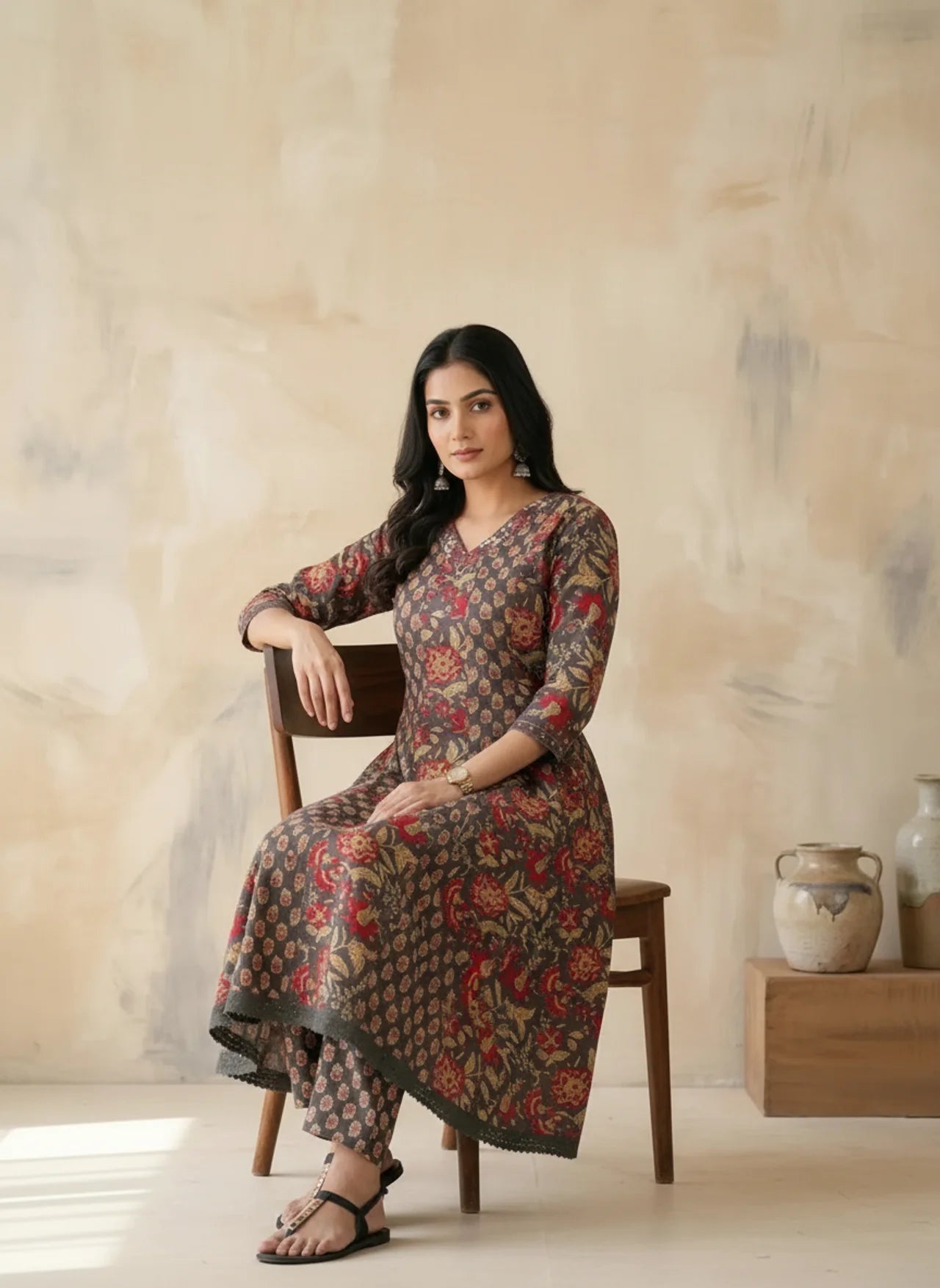 Grey & Red Cotton Anarkali Kurta Pant Set