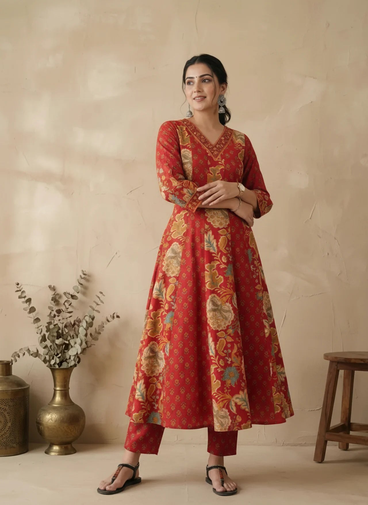 Red Cotton Kurta Pant Set