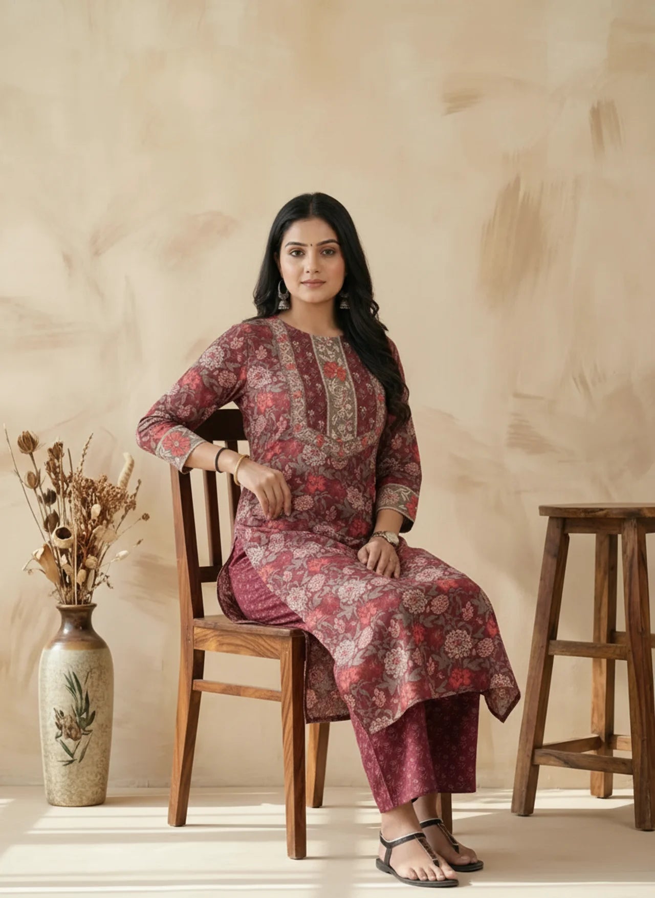 Maroon Cotton Straight Kurta Pant Set
