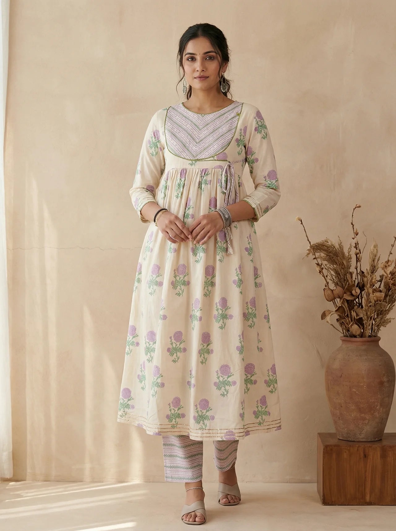 White & Purple Cotton Handblock Angrakha Kurta Pant Set