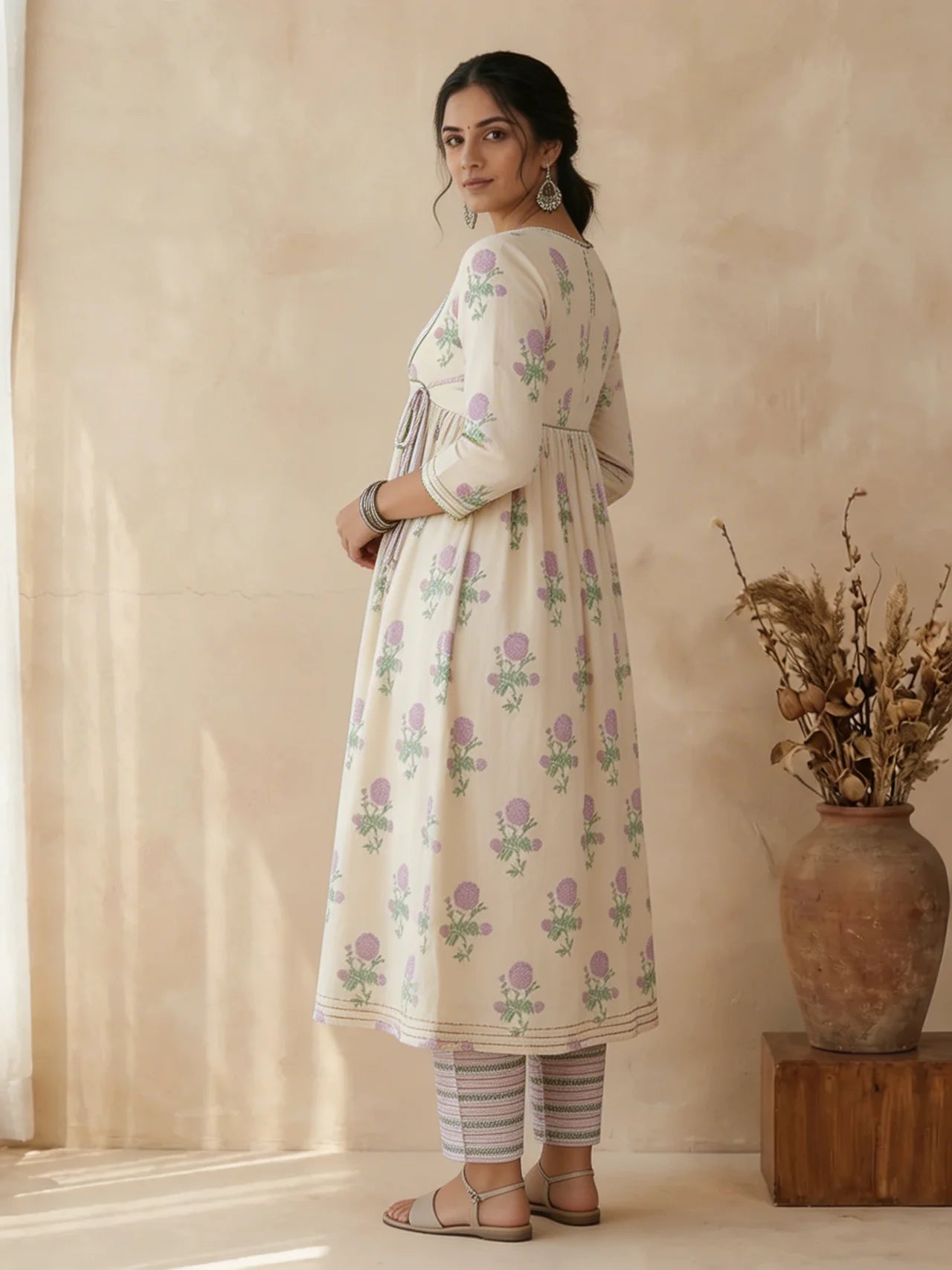 White & Purple Cotton Handblock Angrakha Kurta Pant Set