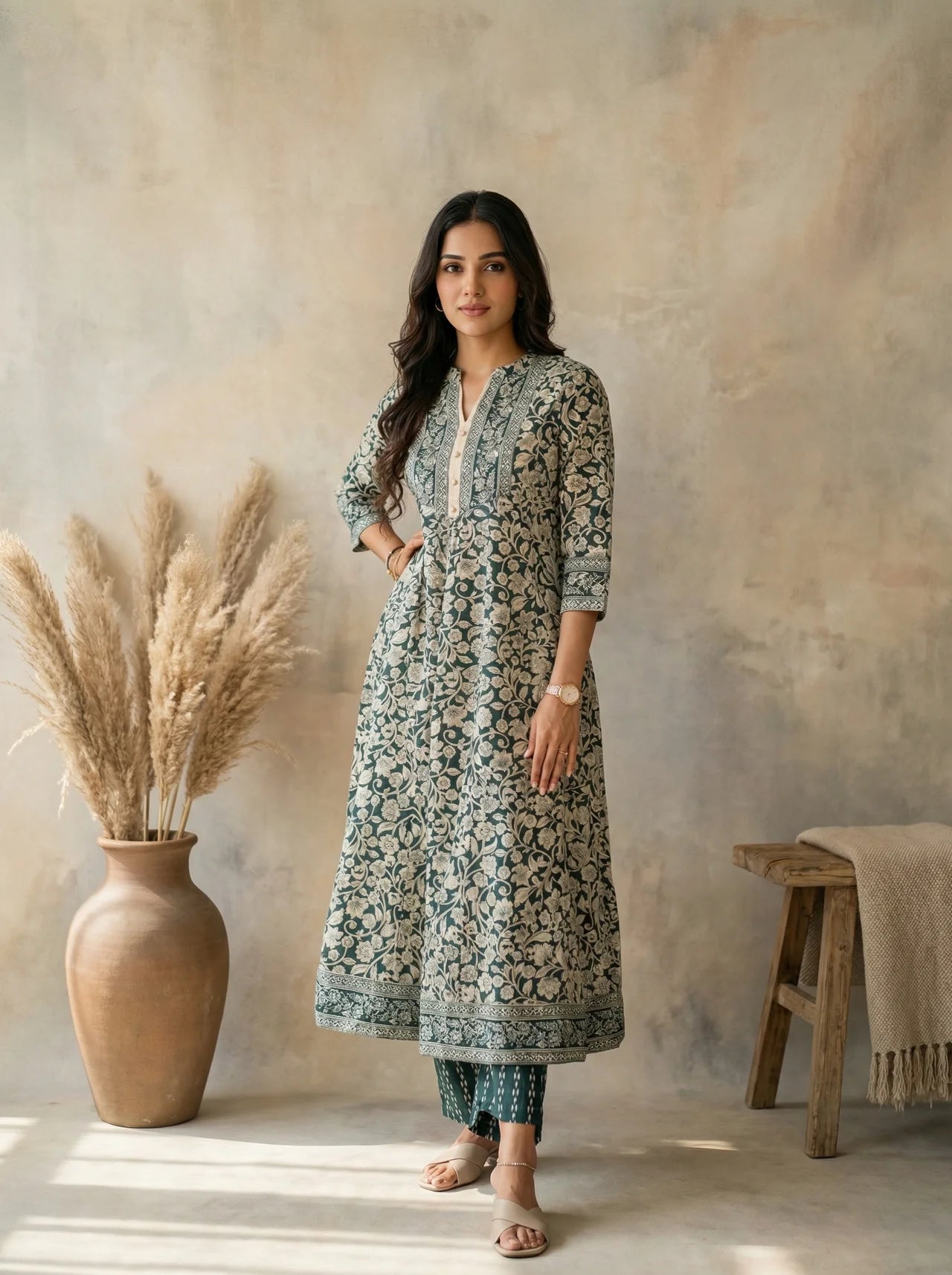 Green and White Cotton Anarkali Pant Set