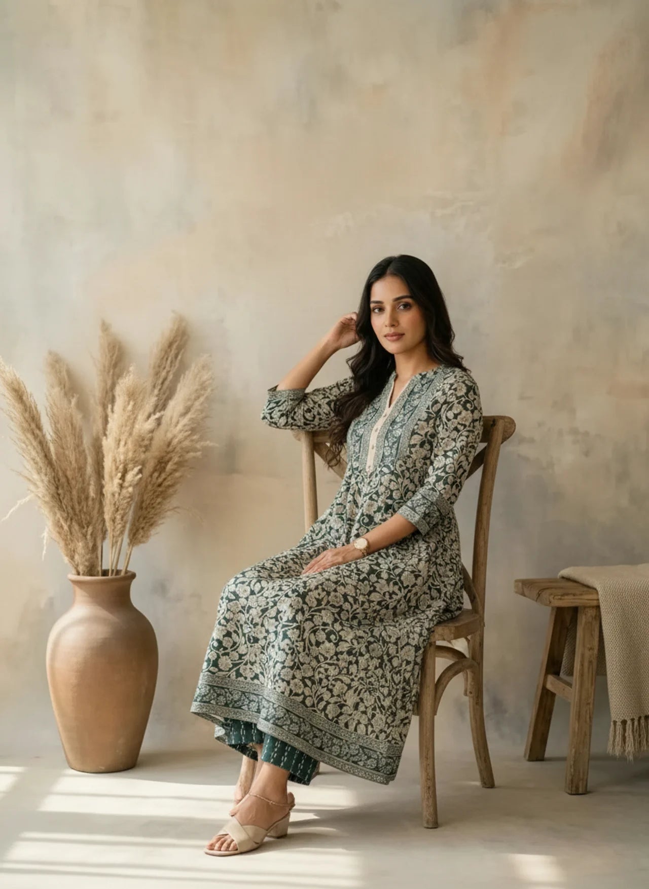 Green and White Cotton Anarkali Pant Set