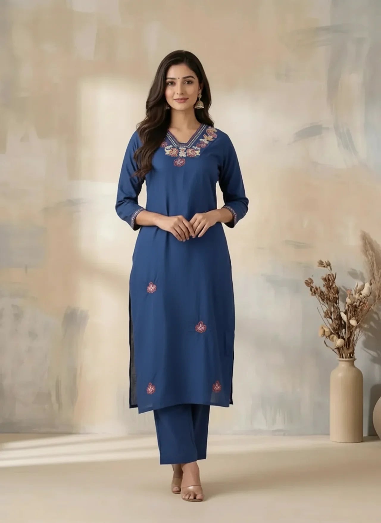 Dark Blue Floral Embroidered Straight Kurta Pant Set
