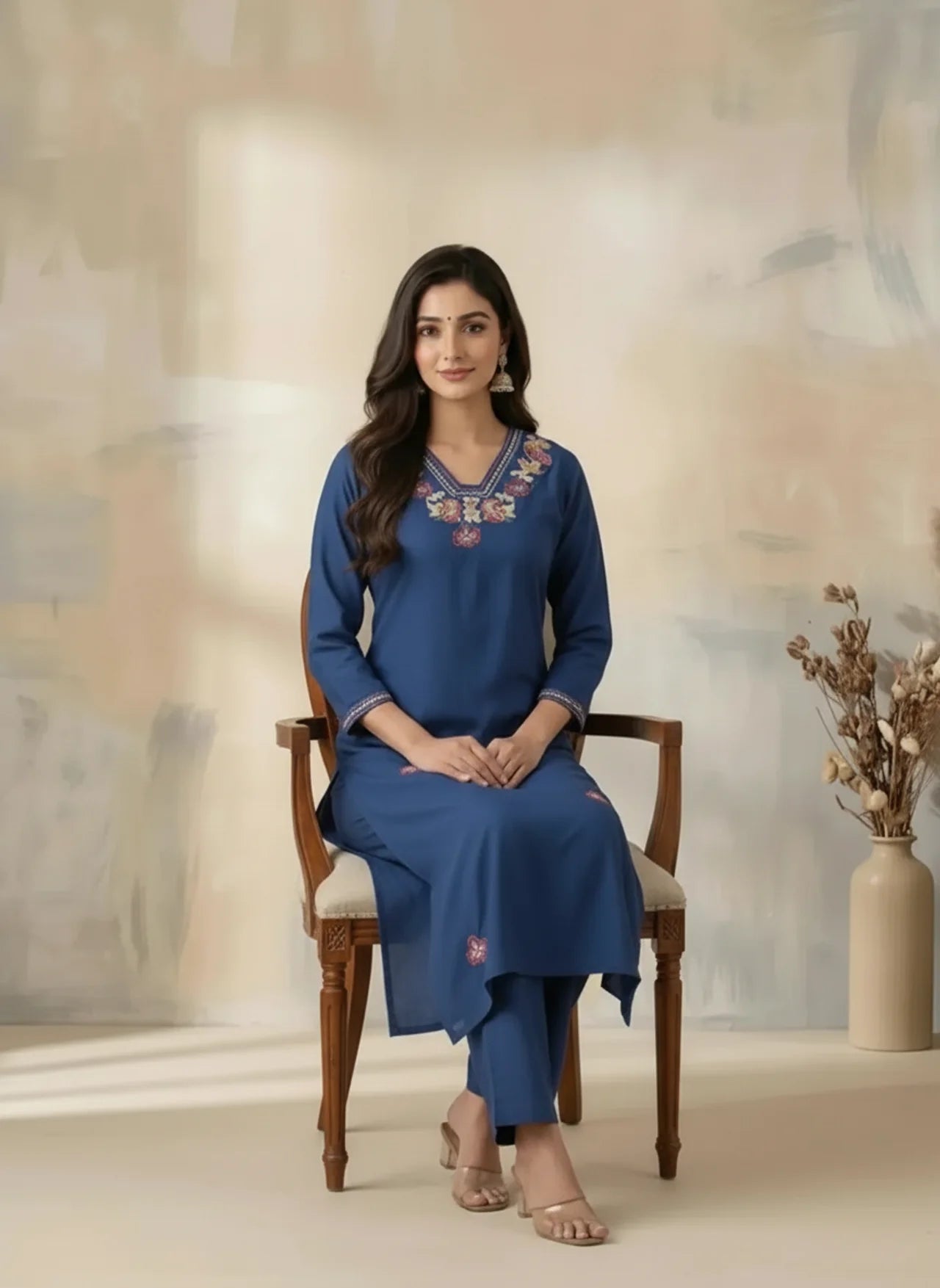 Dark Blue Floral Embroidered Straight Kurta Pant Set