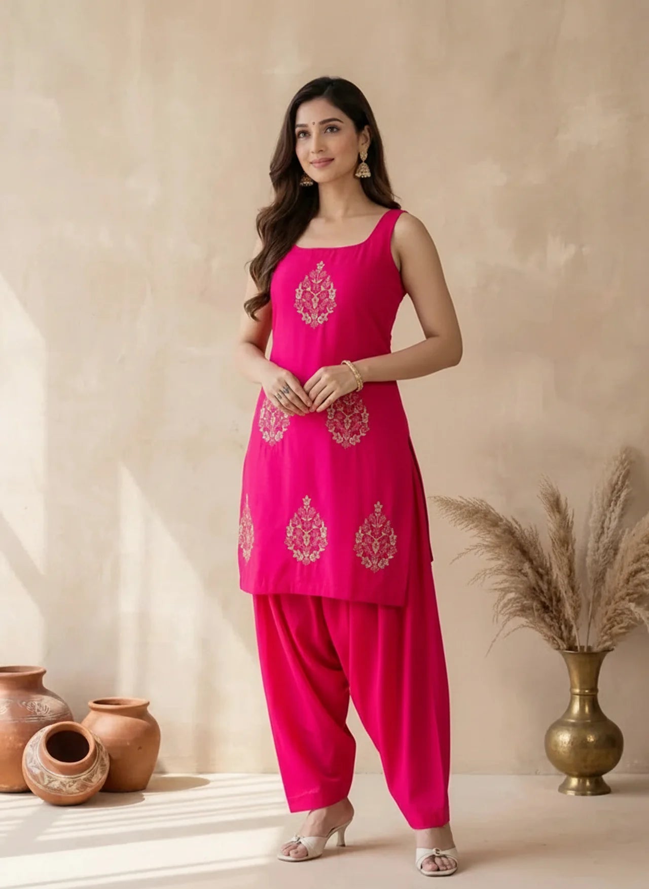 Pink Sleeveless Patiala Style Midi Kurti Pant Set