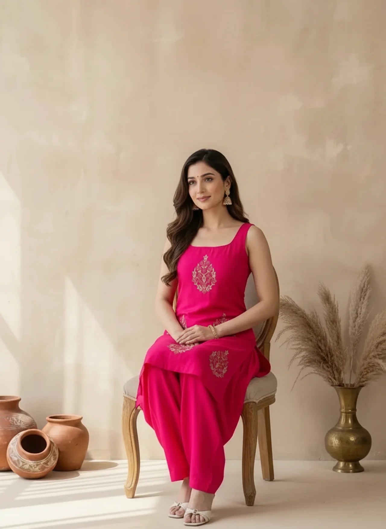 Pink Sleeveless Patiala Style Midi Kurti Pant Set