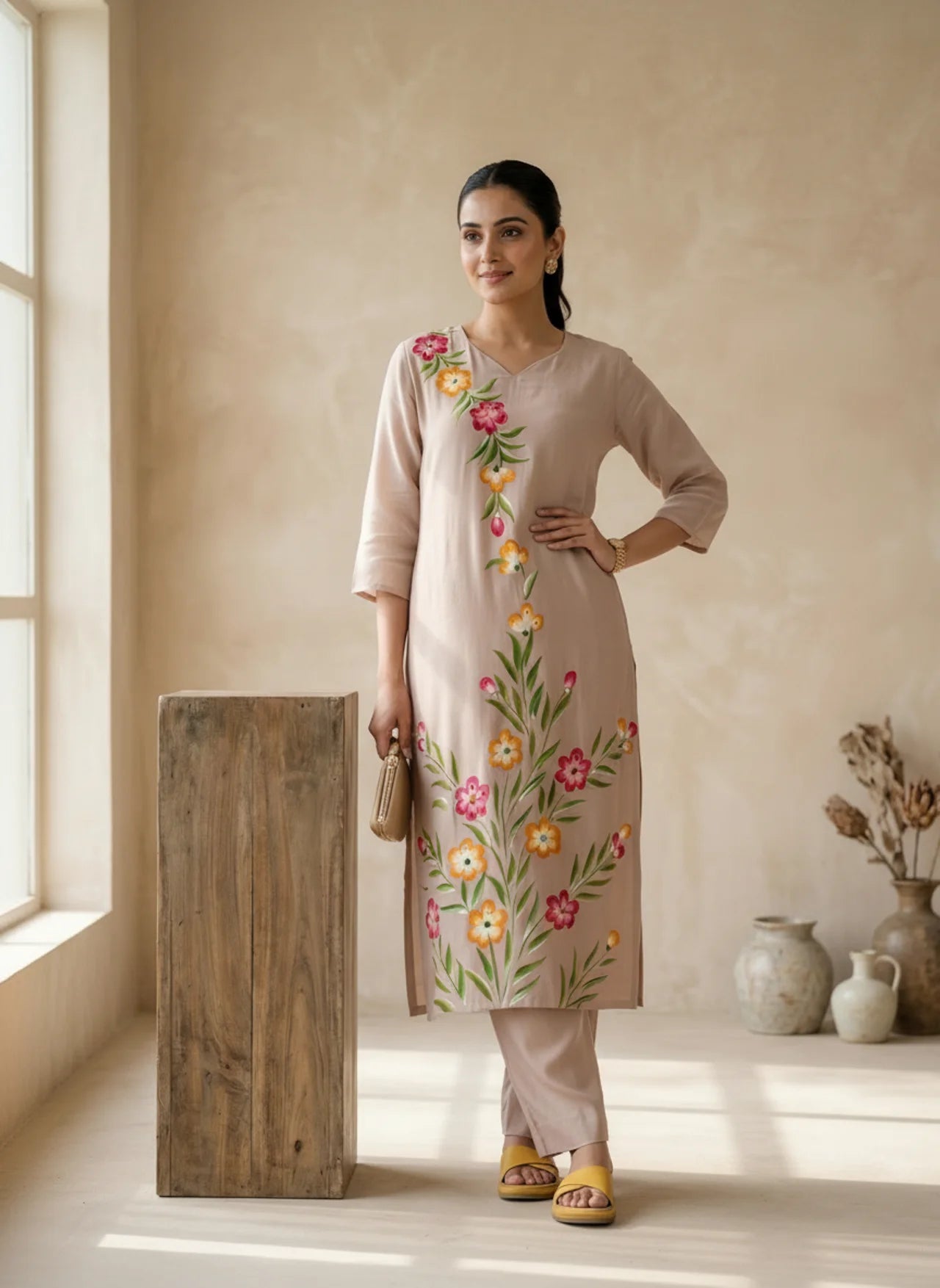 Beige Mul Chanderi Cotton Hand-Painted Kurta Pant Set