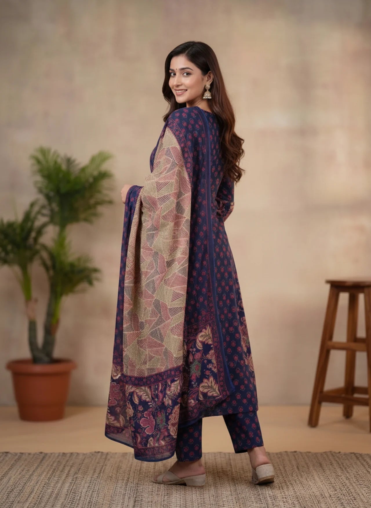 Blue Cotton Kurta Pant Suit Set with Ajrakh Print