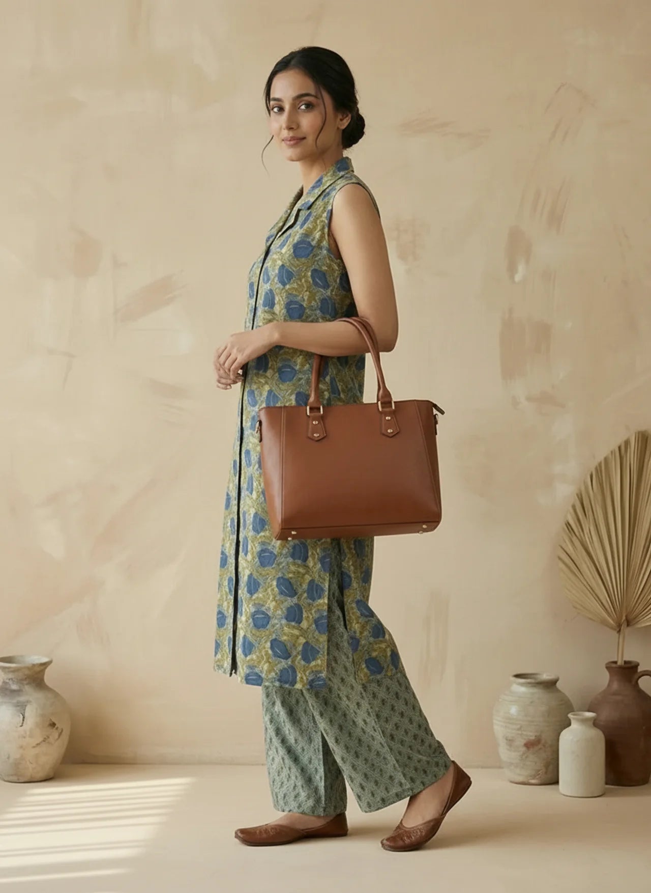 Dusty Blue & Mustard Sleeveless Block Printed Collar Kurta Pant Set with Separate Sleeves