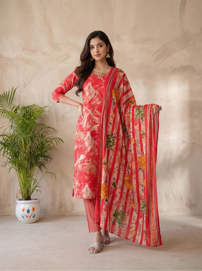 Red Modal Suit Set with Mirror Work on Neckline