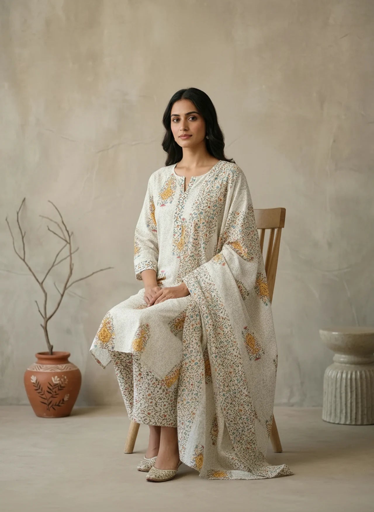 White Floral Print Kurta Pant Suit Set