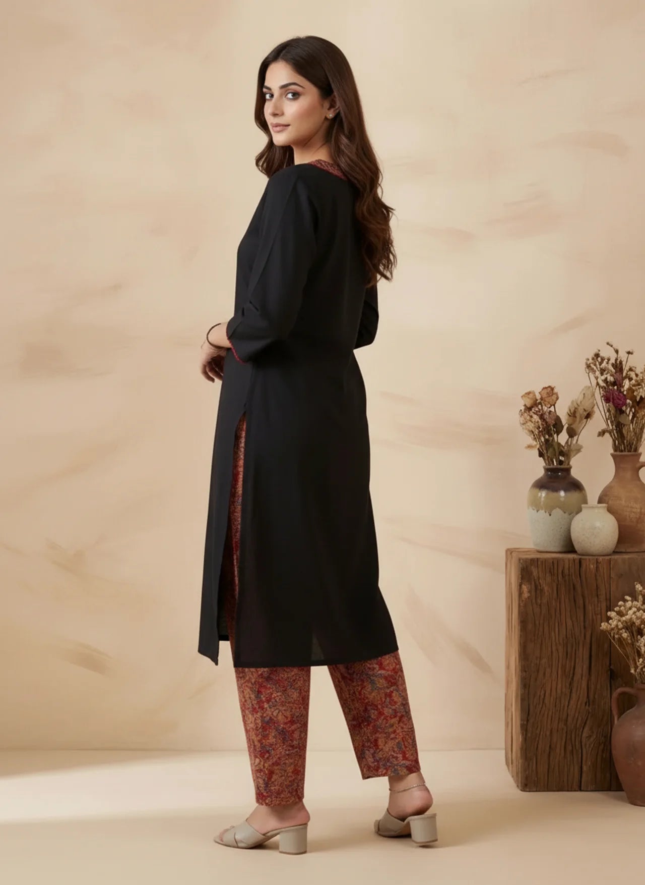 Black Red Cotton Kurta Palazzo Set
