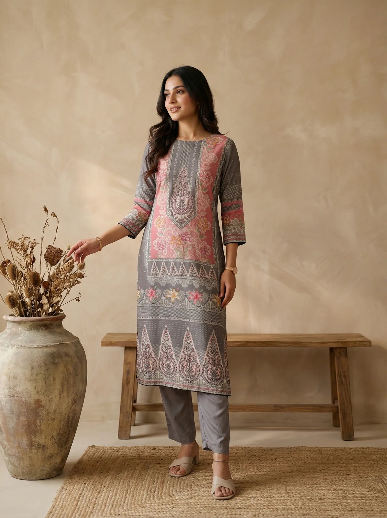 Pink and Grey Moroccan Silk Straight Kurta Pant Set