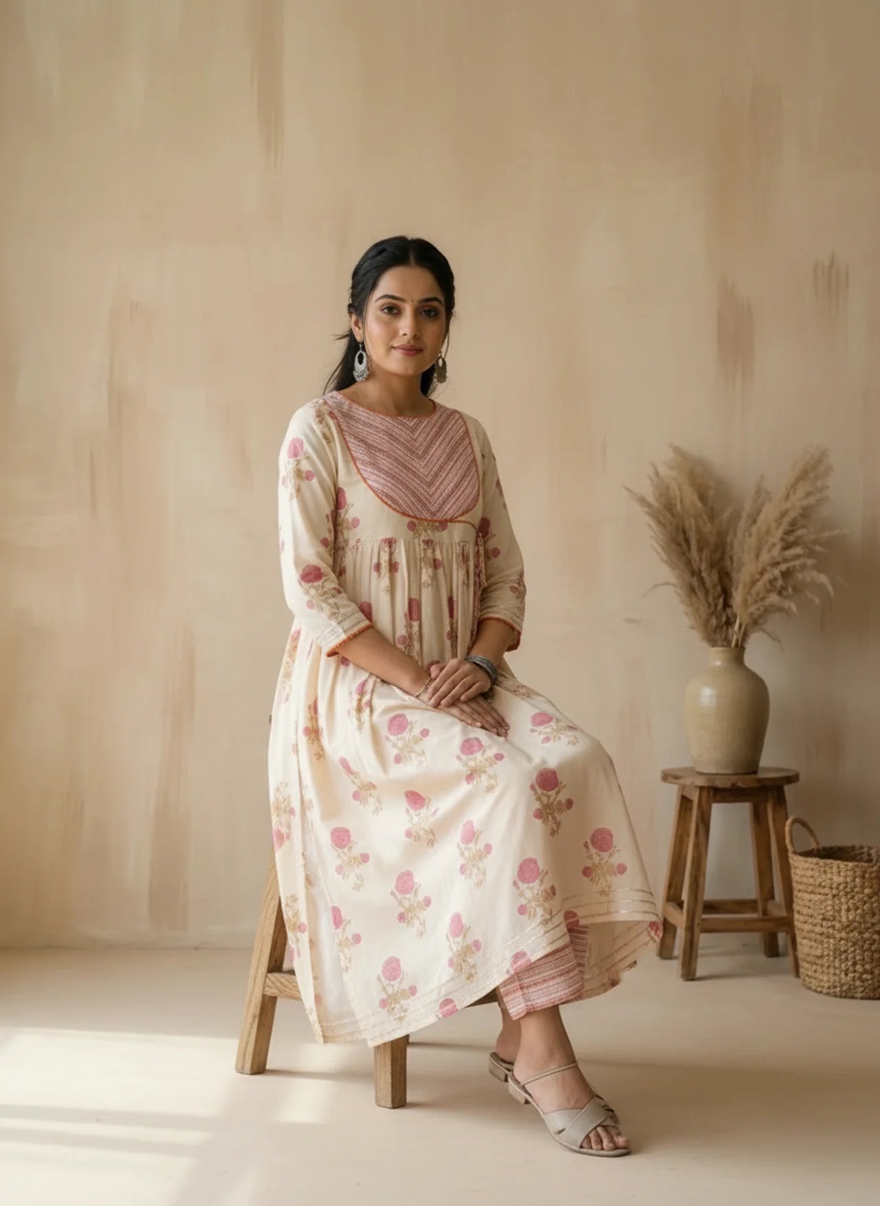 White & Pink Cotton Handblock Angrakha Kurta Pant Set