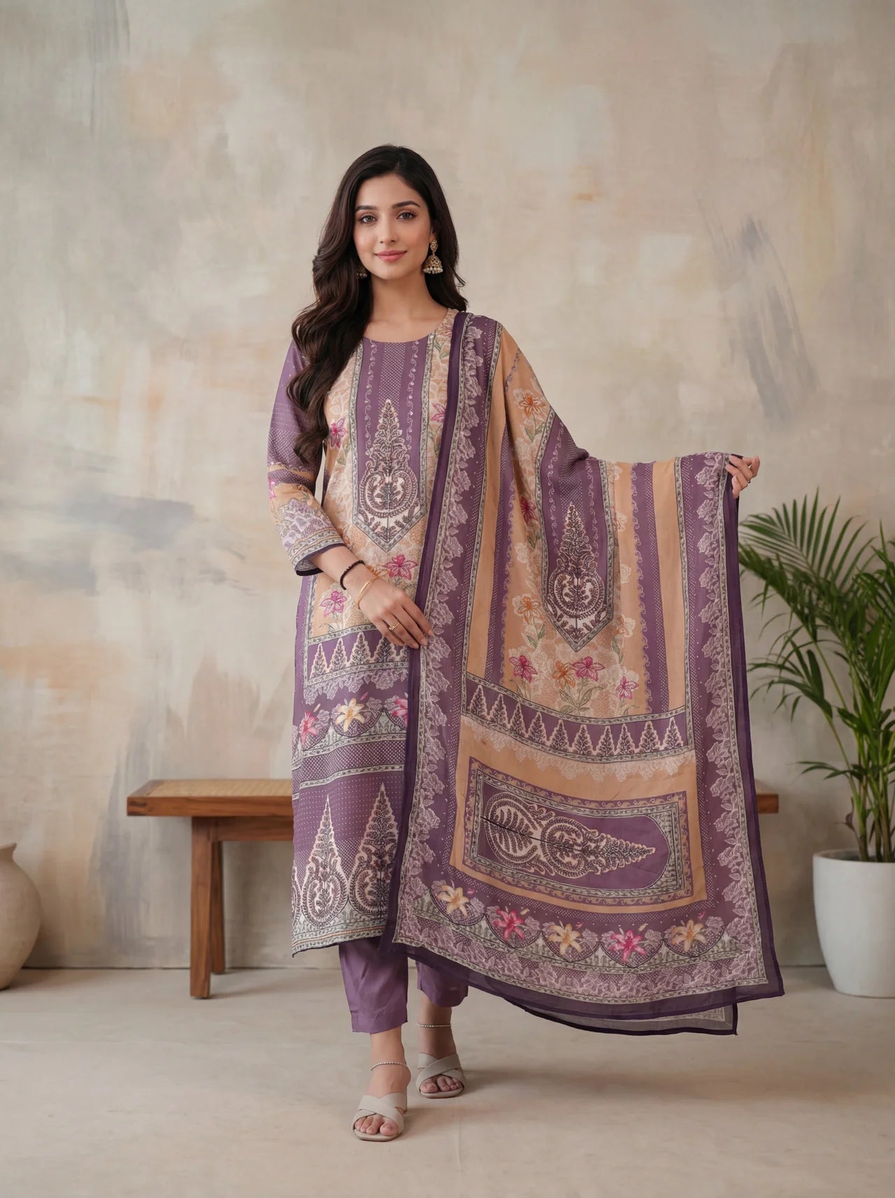 Purple and Mustard Moroccan Silk Straight Kurta Set