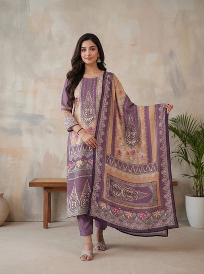 Purple and Mustard Moroccan Silk Straight Kurta Set