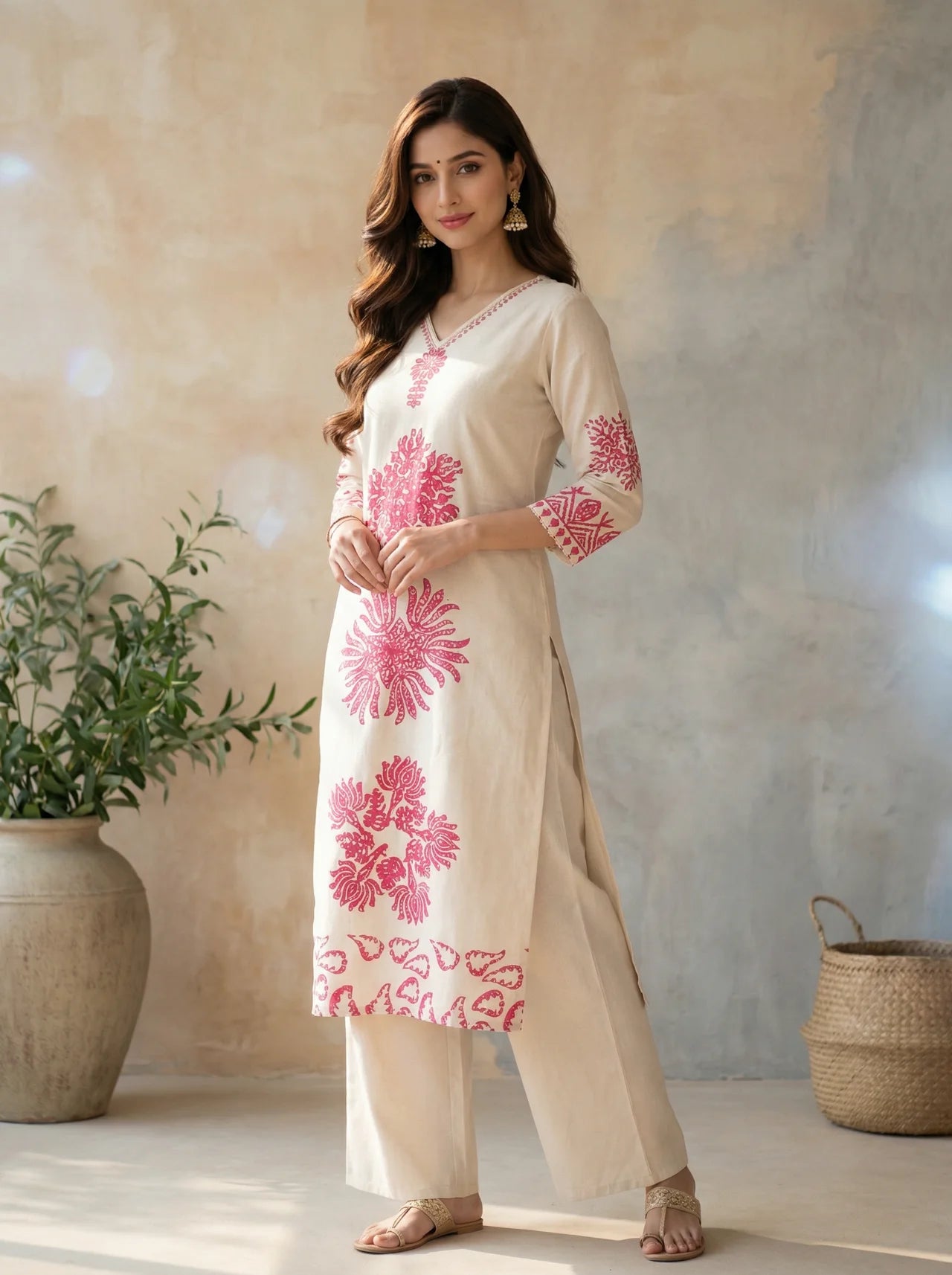 Off White Cotton Flex Kurta Pant Set