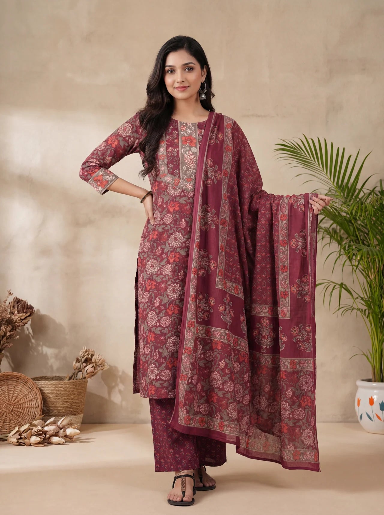 Maroon Cotton Straight Kurta Set featuring Floral Print Detailing