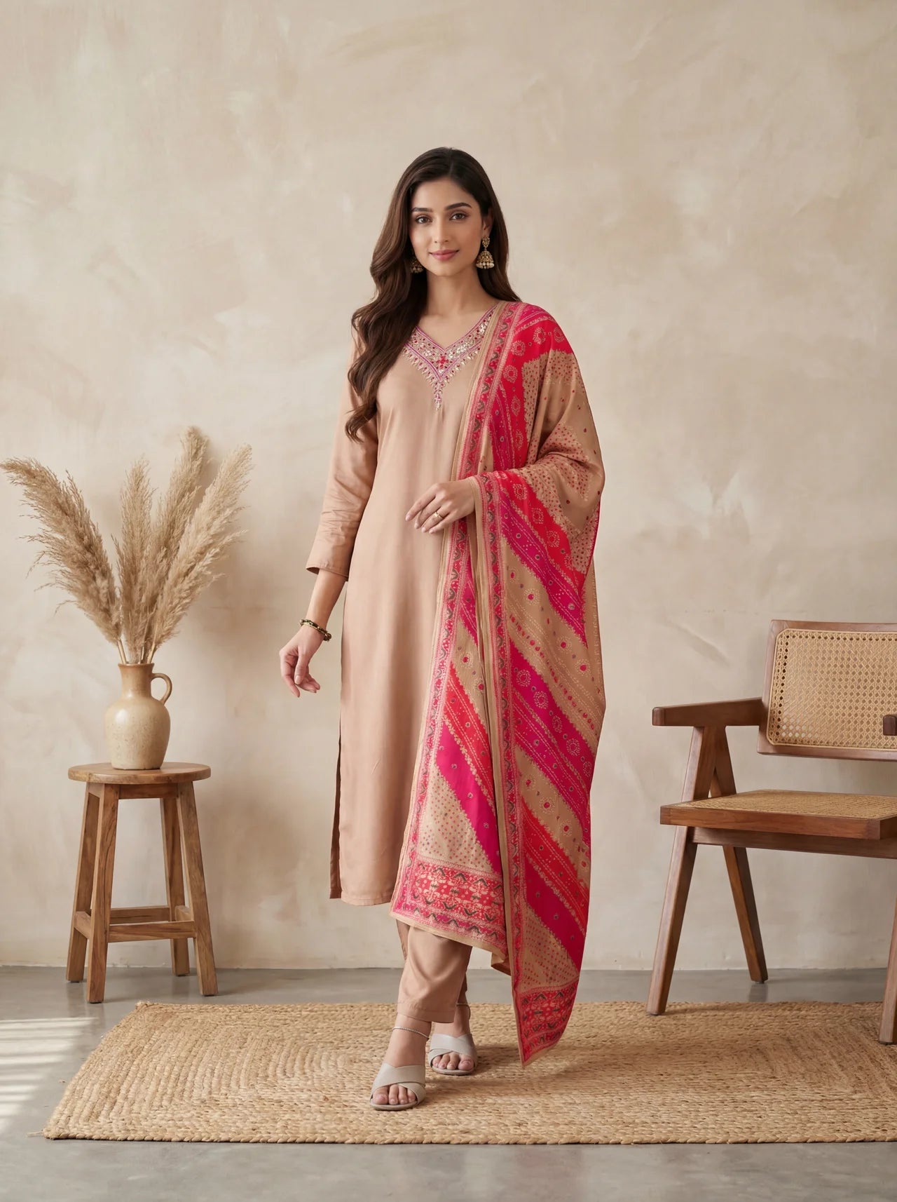 Peach Moroccan Silk Straight Kurta Set with V-Neck Embroidery Detailing