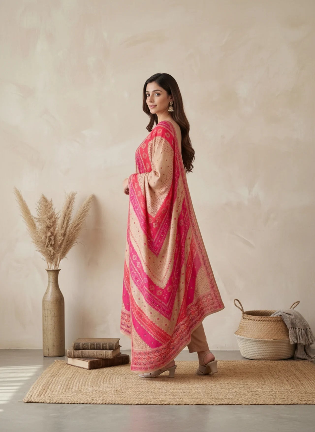Peach Moroccan Silk Straight Kurta Set with V-Neck Embroidery Detailing