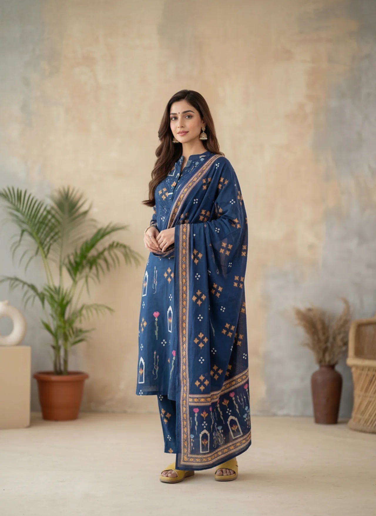 Navy Blue Cotton Kurta Palazzo Suit Set with Handblock Floral Print
