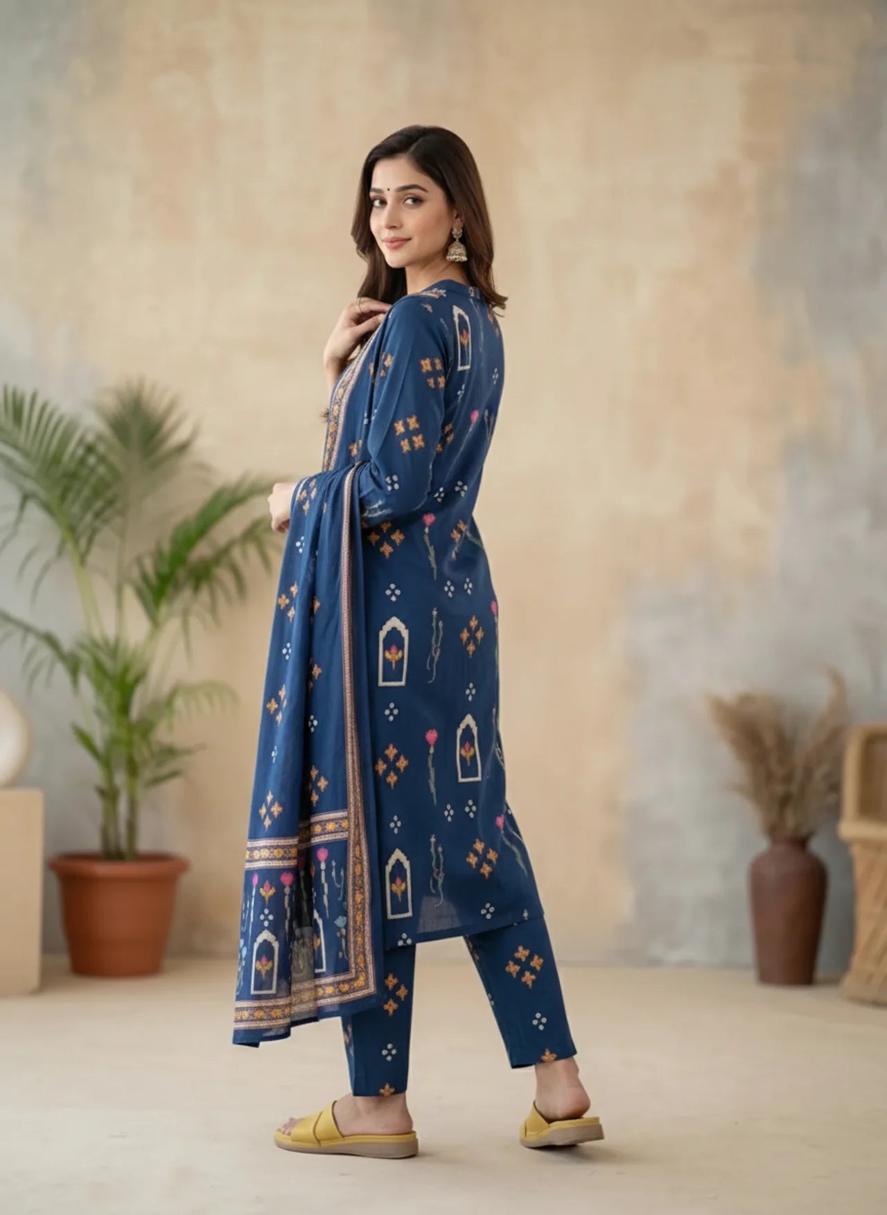 Navy Blue Cotton Kurta Palazzo Suit Set with Handblock Floral Print